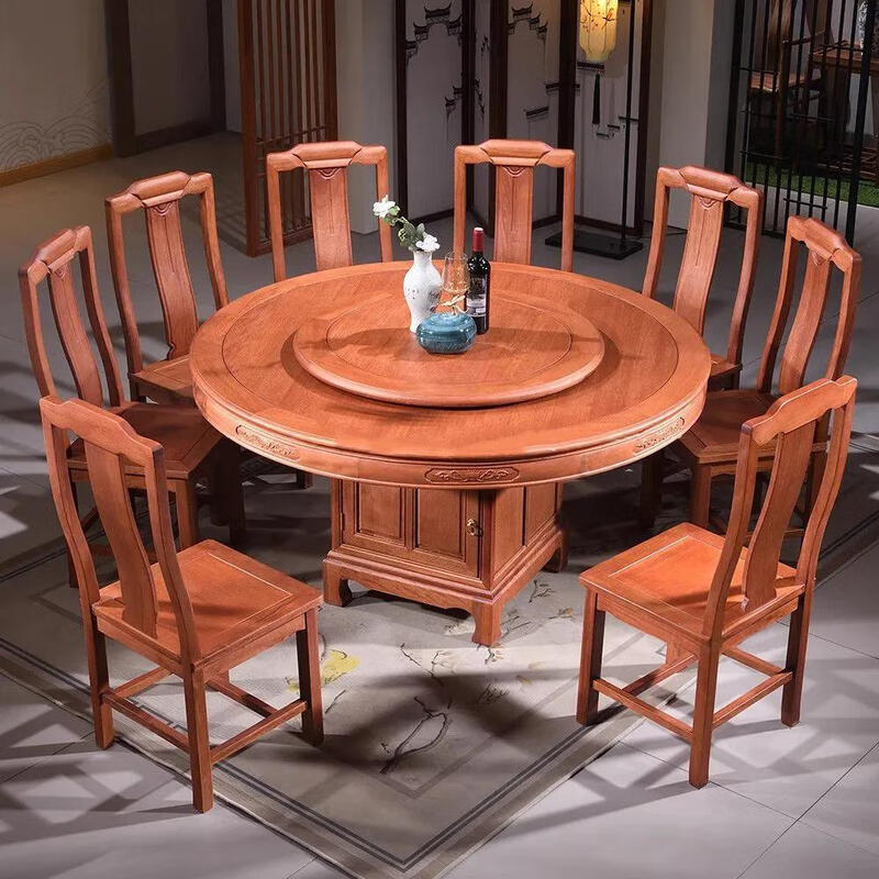 Fashibin gold rosewood dining table and chairs pineapple grid glossy large round table with turntable home dining table classical chair 1.4m single table (comes with turntable + glass)