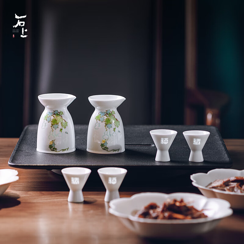 Shishang Oriental Jingdezhen 2025 New Chinese Style Gift Box Liquor Divider Small Wine Glass Spirit Cup Home Small Wine-Fulu-Blue and White 3 Pots and 6 Cups Wine Set