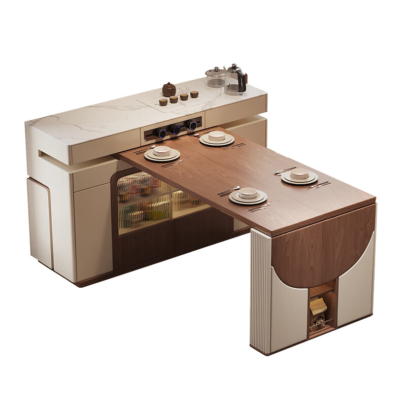 Micro-art solid wood island table retractable and foldable small-sized slate rotating multi-functional storage dining table and sideboard for home use Black versatile model All solid wood 1.2m slate island + 1.4m slate dining table (flat style)