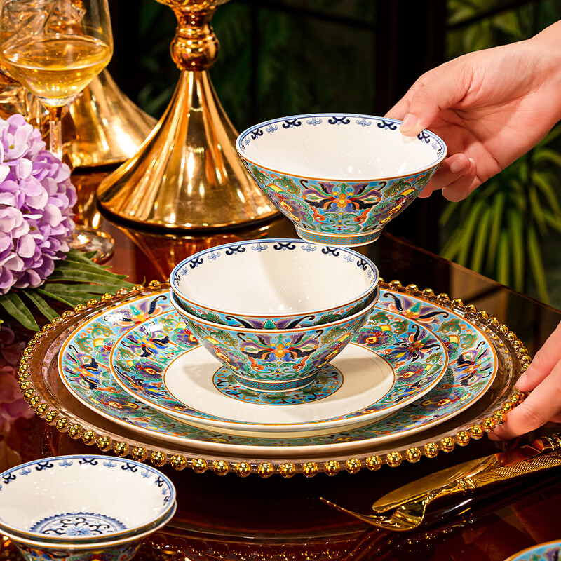 NINE CRANES high-looking enamel bowl set Jingdezhen bowl and plate set high-end housewarming gift bone china tableware set 30 pieces with large soup bowl | high-end brocade box | Earl's Garden