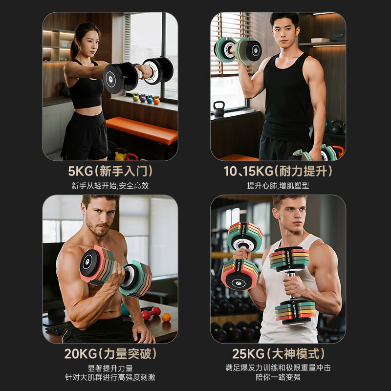 HEAD Intelligent Quick-Adjust Dumbbell Adjustable Men's Home Fitness Equipment Pure Steel Rainbow Dumbbell 25kg