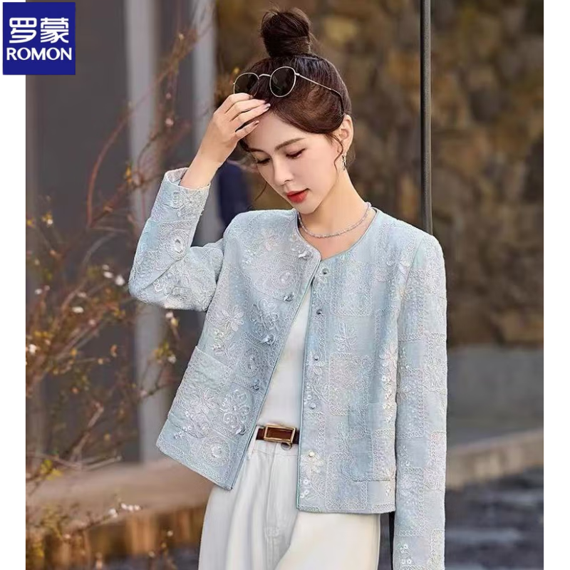 Luo Meng New Chinese Style National Style Short Jacket Women 2025 Spring New Style Small Fragrance Style Tang Suit Heavy Industry Embroidered Top Light Blue S Recommended 90-100 Jin