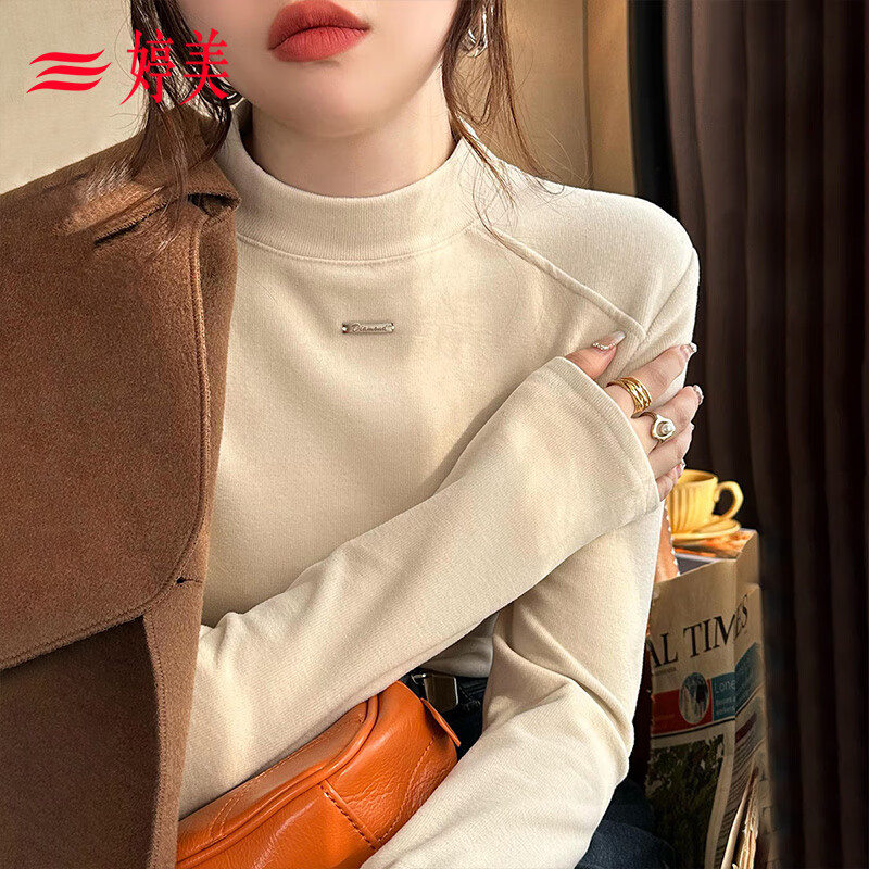 Tingmei half turtleneck brushed bottoming shirt for women, herringbone raglan autumn and winter warm inner layer, slim and stylish, can be worn outside T-shirt top