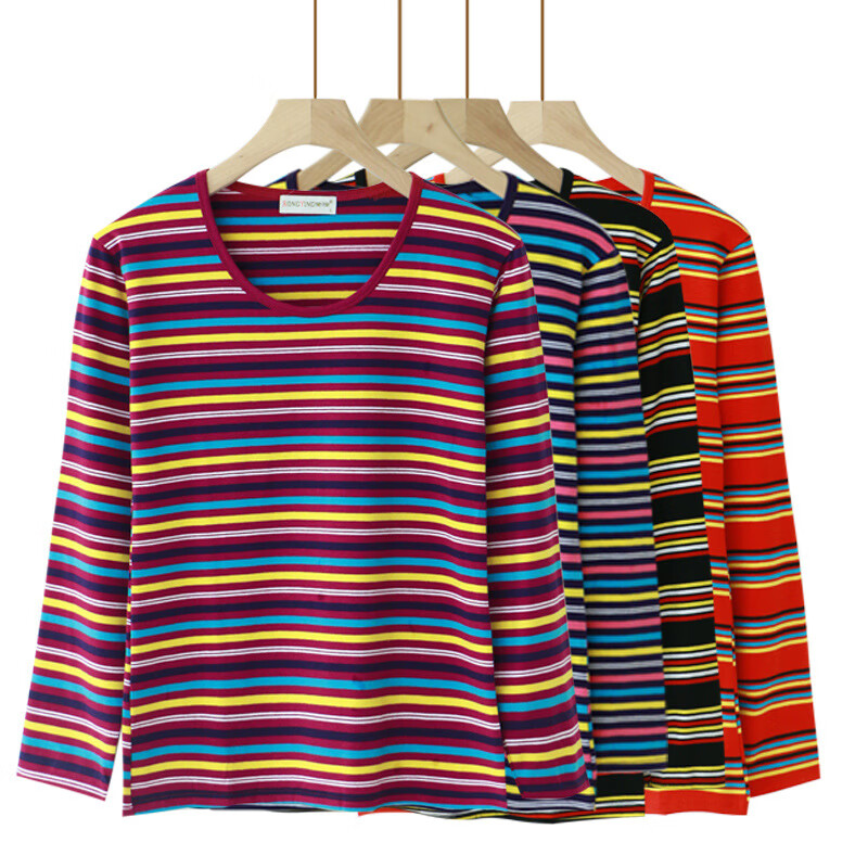 Yalu middle-aged and elderly women's long-sleeved T-shirt mother's autumn cotton striped shirt top spring and autumn round neck sweater bottoming shirt purple L 75-110 catties