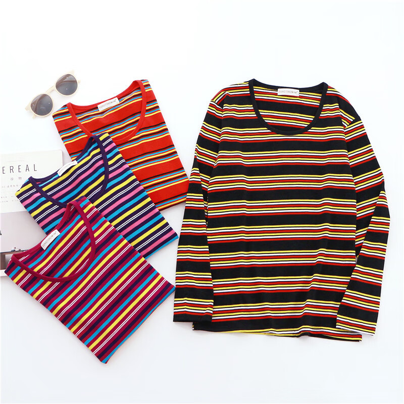 Yalu middle-aged and elderly women's long-sleeved T-shirt mother's autumn cotton striped shirt top spring and autumn round neck sweater bottoming shirt purple L 75-110 catties