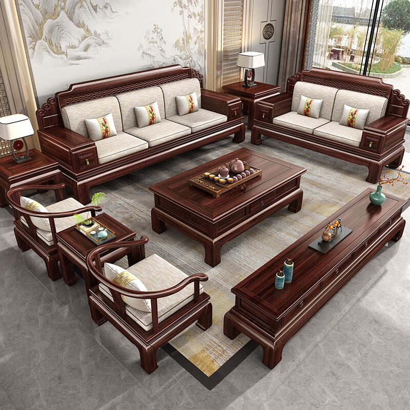 Muyouting Wujin wood new Chinese style all solid wood sofa living room winter and summer dual use simple log sofa small apartment combination set 1+2+3+ coffee table