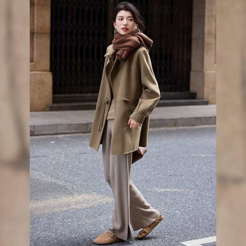 Bailuyu temperament 100% wool coat 25 new winter suit collar simple mid-length double-sided woolen coat for women khaki green L