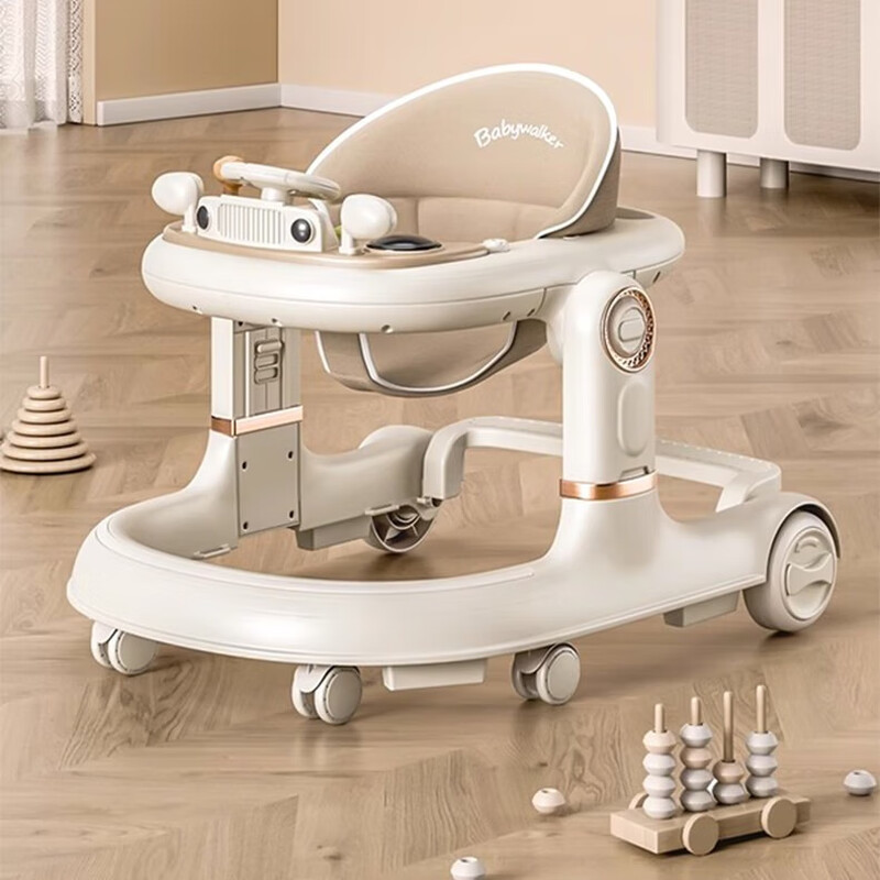 Xiyoumi walker anti-o-leg baby 2025 model anti-rollover multi-functional hand push walker for babies over 9 months old, milk tea, push rod + dinner plate + music plate + foot pad