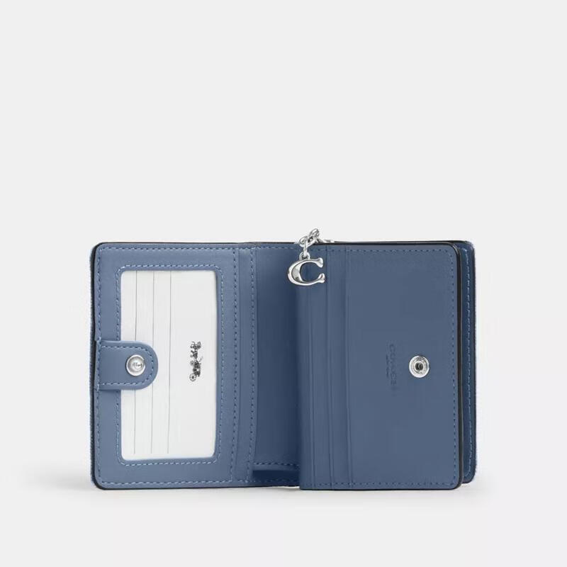 COACH Women's Mini Wallet Multi-Card Slots with ID Window Bill Slot Snap Button Closure Denim Blue Metal Buckle Silver/Indigo