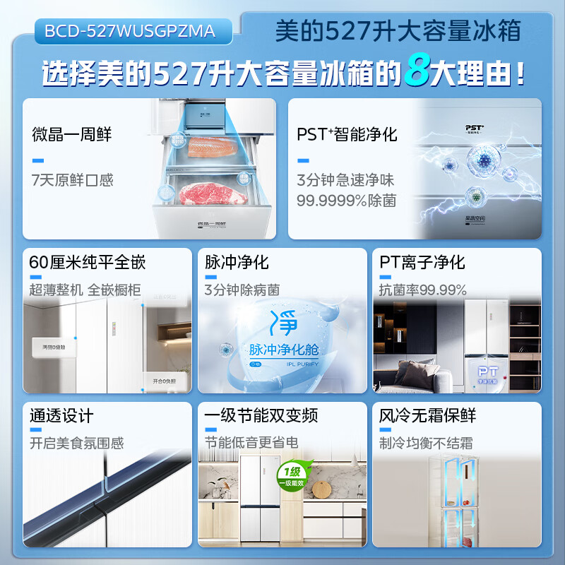 Midea microcrystalline series 527 cross-door refrigerator pulse purification and sterilization embedded with large capacity first-class energy efficiency air-cooled frost-free string shadow white BCD-527WUSGPZMA national subsidy