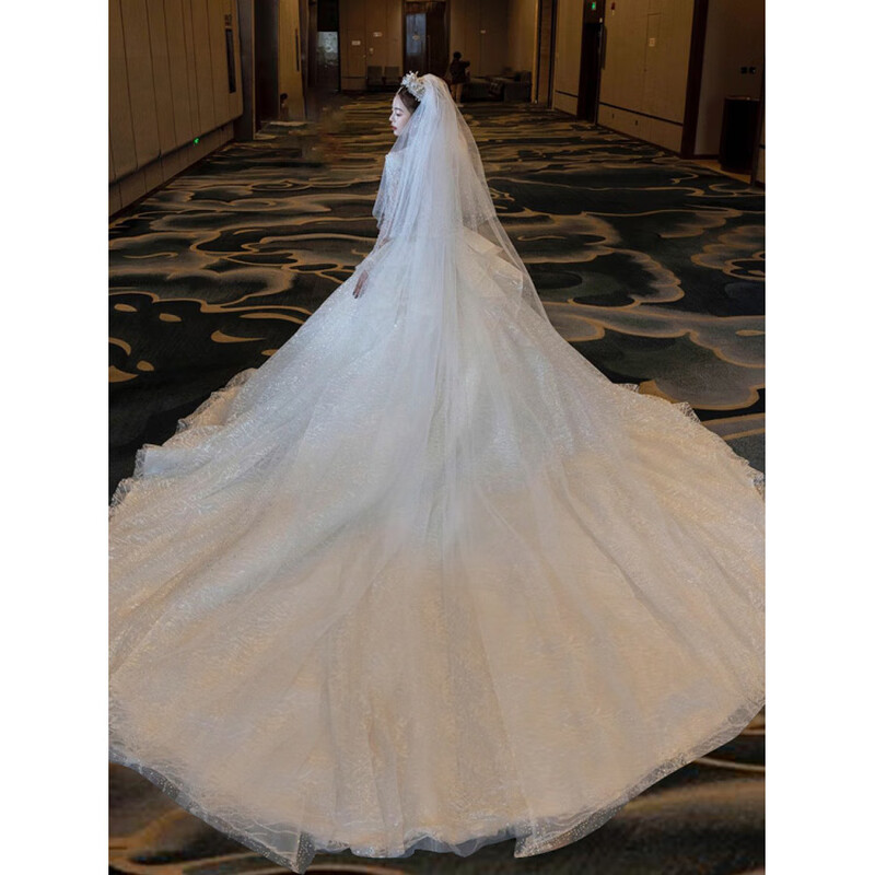 SHANDONGSHAONV wedding dress bride 2025 new heavy industry long-sleeved V-neck main yarn for going out, retro maternity high-end large tail, white floor-length wedding dress plus three-piece set XL