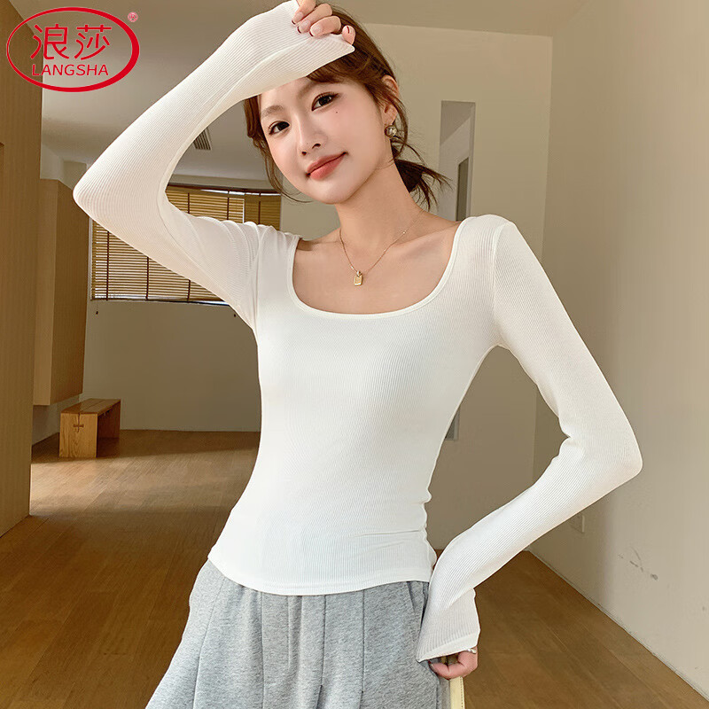 Langsha threaded bottoming shirt for women autumn 2025 new large U-neck long-sleeved T-shirt simple and versatile slim fit top