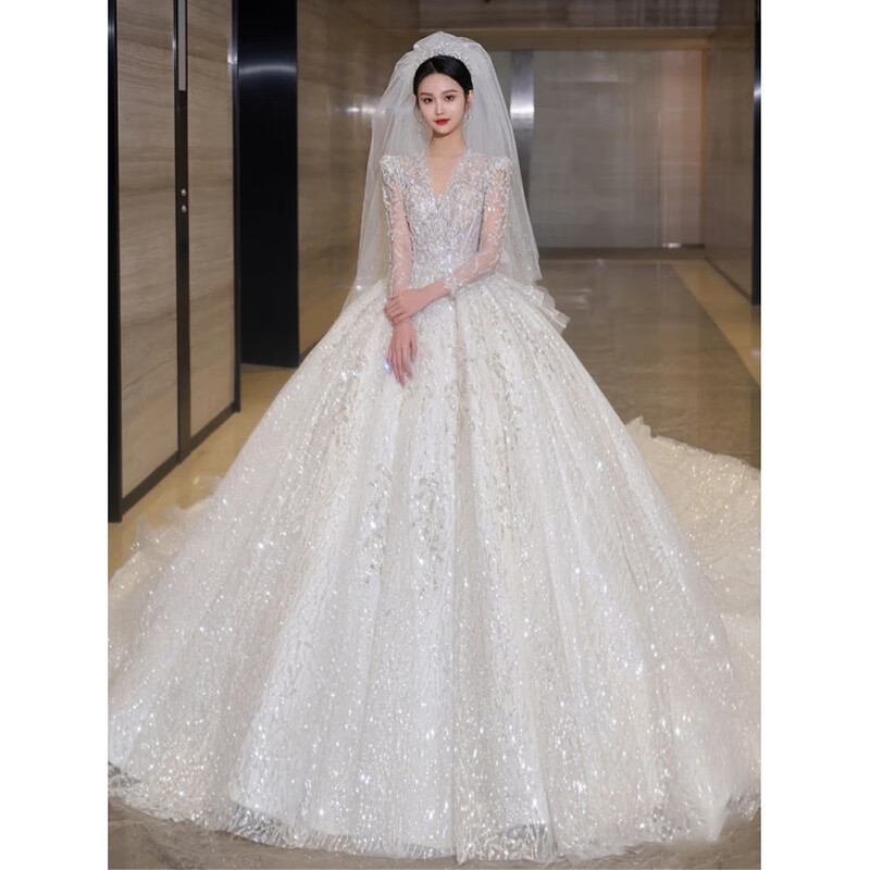 SHANDONGSHAONV wedding dress bride 2025 new heavy industry long-sleeved V-neck main yarn for going out, retro maternity high-end large tail, white floor-length wedding dress plus three-piece set XL