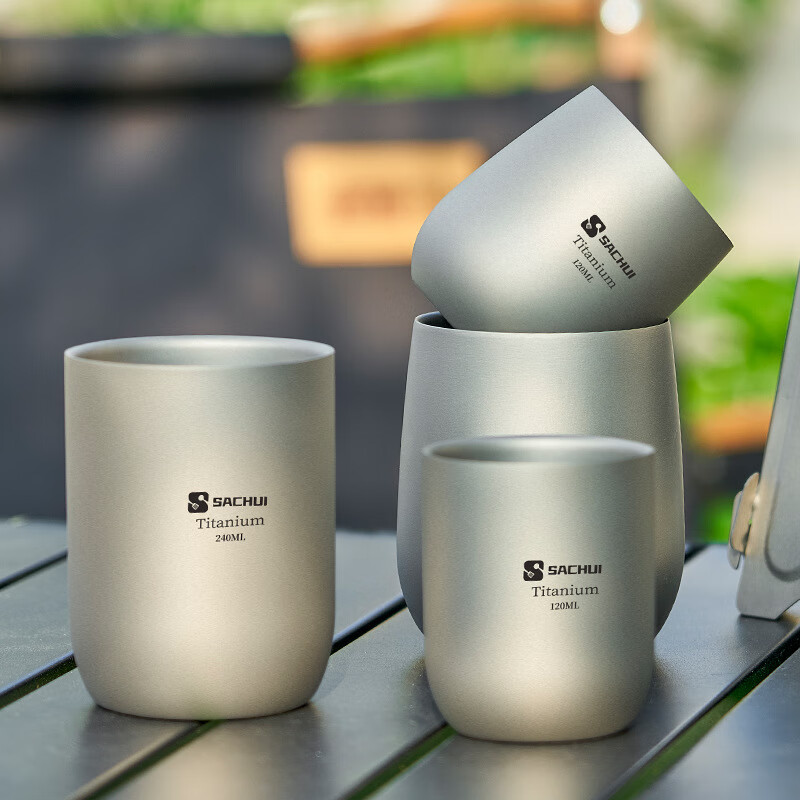 SACHUI double-layer titanium cup outdoor picnic tableware handleless portable camping light pure titanium tea cup water cup office coffee cup 240ML pure titanium double-layer straight cup