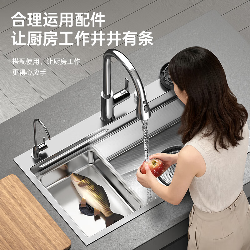 Naita (NTNO) kitchen sink large single sink dishwashing basin integrated basin 304 stainless steel thickened 5.0 embossed wear-resistant slag collecting dishwashing sink Yayin slag collecting large single sink + three-speed pull-out faucet 80*46cm Taiwan-controlled drain - thickened 5.0