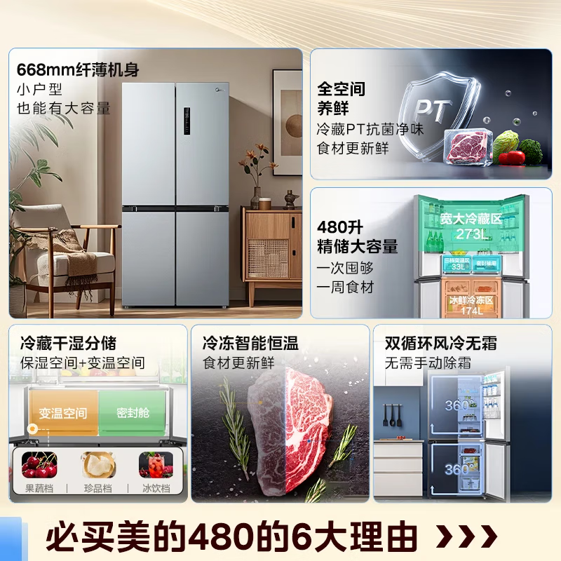 Midea Huixian series 480L inverter first-class energy efficiency cross-shaped four-door double-door air-cooled refrigerator BCD-480WSPZM (E) renewal subsidy