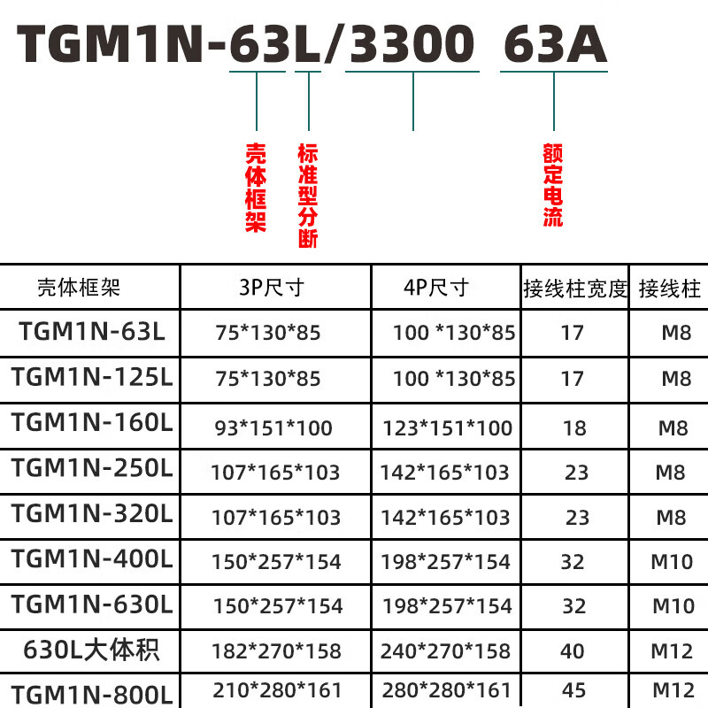 TENGEN Tianzheng Electric TGM1N plastic case circuit breaker main switch 100A125A250A400A630A TGM1N-1250L/33001000A
