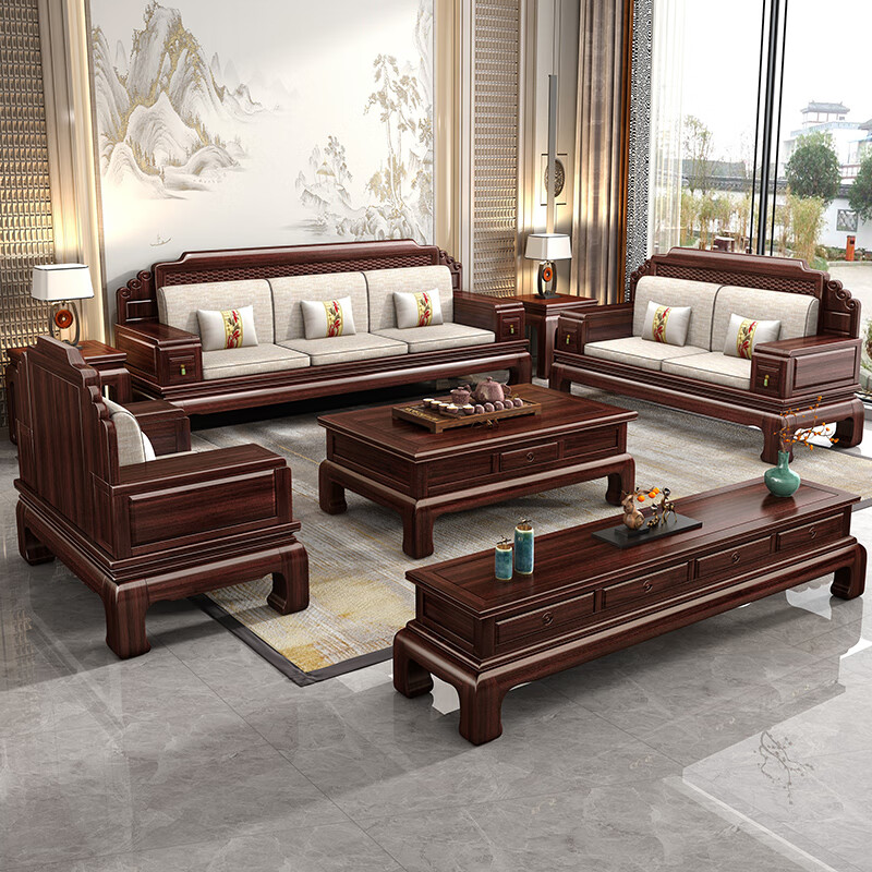 Muyouting Wujin wood new Chinese style all solid wood sofa living room winter and summer dual use simple log sofa small apartment combination set 1+2+3+ coffee table