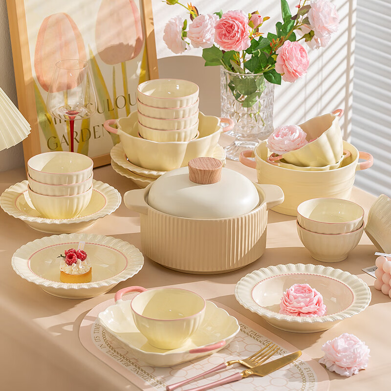 Qishu bowl and dish set 2025 new tableware home cream style light luxury chopsticks high-end housewarming ceramic bowls and plates soup bowl gift box 6 people food 26 pieces damaged bag replacement