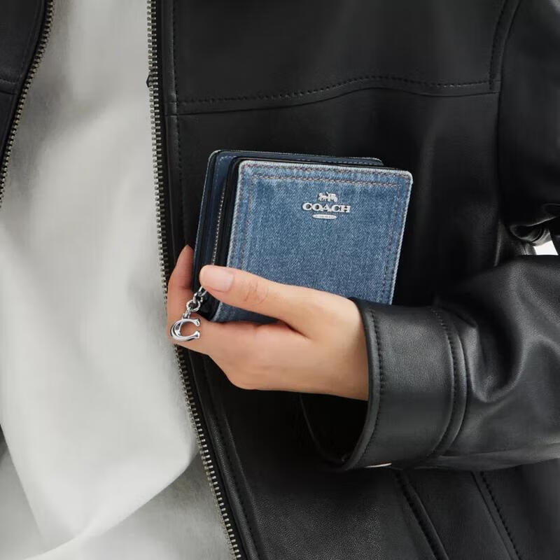 COACH Women's Mini Wallet Multi-Card Slots with ID Window Bill Slot Snap Button Closure Denim Blue Metal Buckle Silver/Indigo