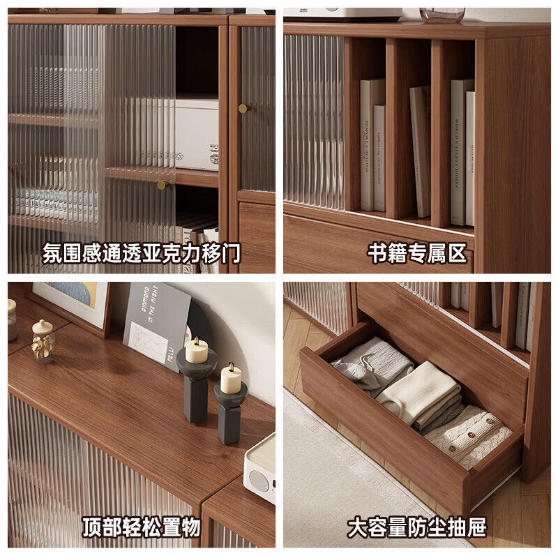 Solid wood core bookshelf floor-standing storage rack living room display cabinet bookcase home all-in-one wall storage storage rack combination combination-cedar wood color_double drawer + double door 120CM