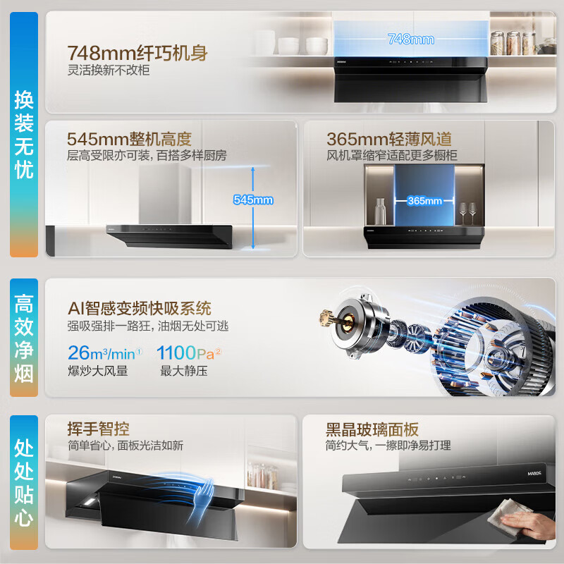 Robam L1mini range hood, small size and large suction power, top and side integrated 26, large suction power, 1100Pa static pressure range hood gas stove set 61A9S, worry-free replacement, small steel cannon L1Mini