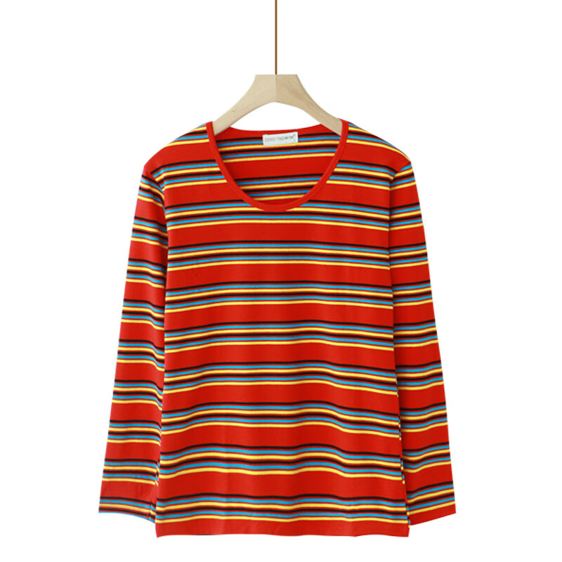 Yalu middle-aged and elderly women's long-sleeved T-shirt mother's autumn cotton striped shirt top spring and autumn round neck sweater bottoming shirt purple L 75-110 catties