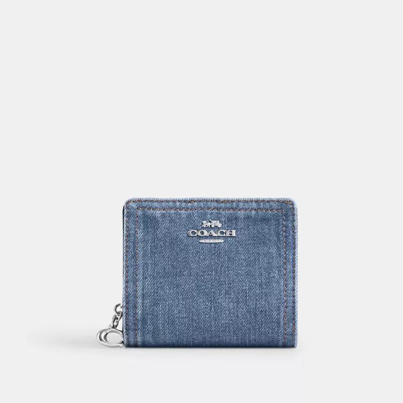 COACH Women's Mini Wallet Multi-Card Slots with ID Window Bill Slot Snap Button Closure Denim Blue Metal Buckle Silver/Indigo