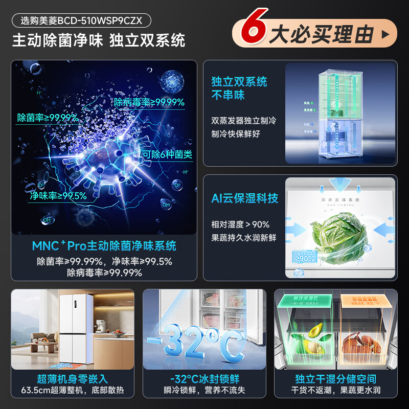 Meiling upgraded sterilization 510/511/503/507 cross four-door multi-door dual cycle first-class dual-frequency household refrigerator 510PRO active odor purification gray