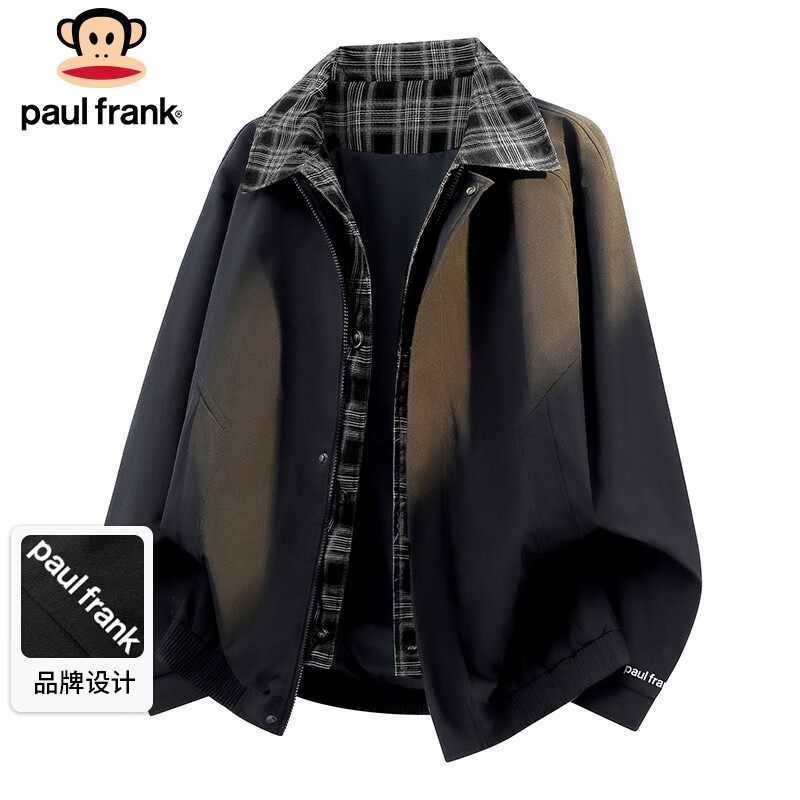 Paul Frank Jacket Men's Spring and Autumn Lapel Plaid Jacket Men's Casual Loose Fake Two-piece Top Black XL