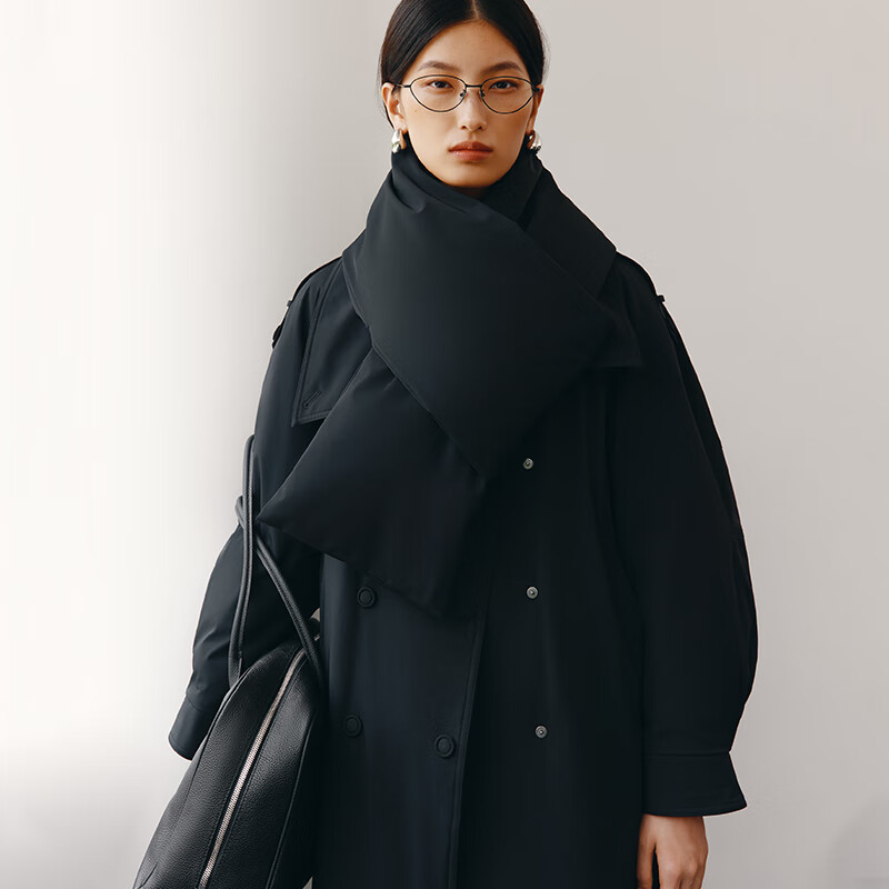 Ai Lai Song Jia same style goose down jacket for women 2025 fashion temperament windbreaker removable scarf long coat carbon black S