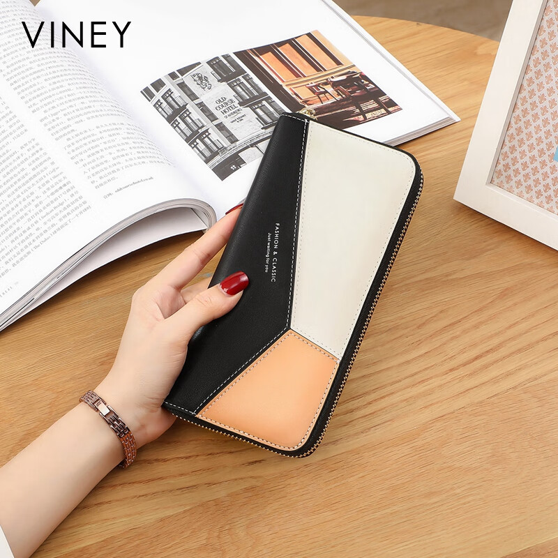 Viney women's leather wallet with multiple card slots, long zipper wallet, female mother's large capacity coin purse, multi-functional clutch bag, black, high-end and practical small bag