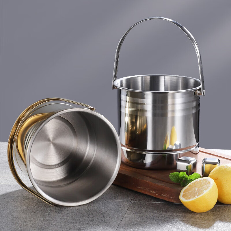 He Jiagong stainless steel thickened ice bucket KTV bar bucket fried chicken snack bucket commercial ice bucket creative red wine bucket stall 1 thickened natural color ice bucket 1.6L