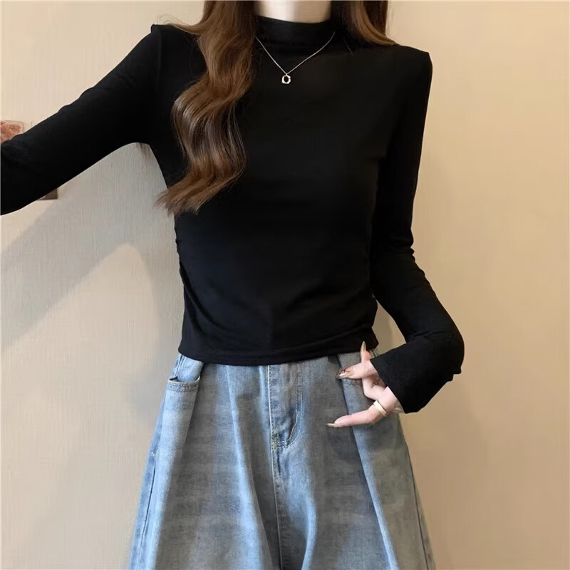 Pierre Cardin short German velvet half turtleneck bottoming shirt for women with autumn and winter slim long-sleeved T-shirt pleated top trendy ins black - autumn and winter plus velvet version thick section M