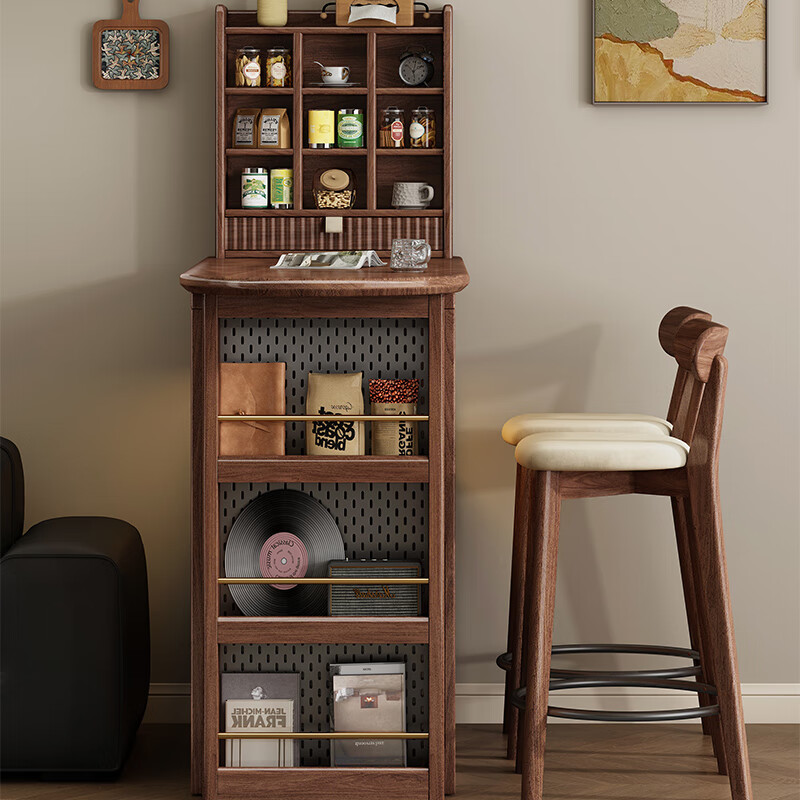 Muyuke antique solid wood bar cabinet retractable island black walnut living room home small apartment bar table sideboard bar cabinet + retractable table + storage cabinet + bar chair