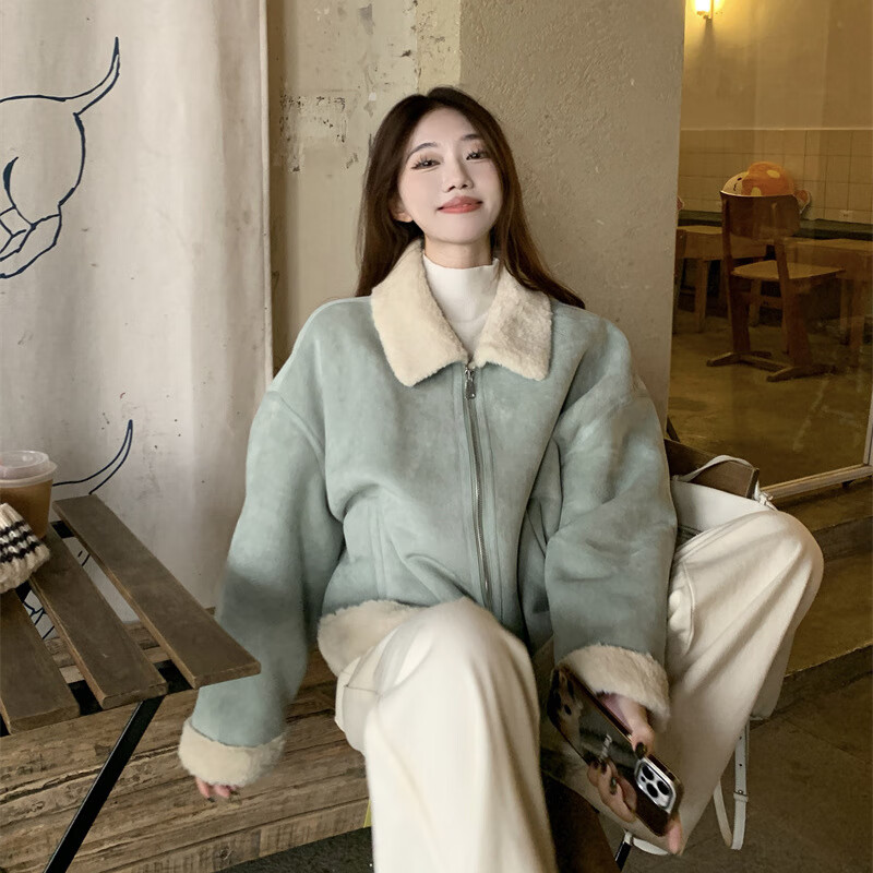 Miao Yijia imitation lamb wool coat for women autumn and winter women's small fragrant style coat top jacket plus velvet coat warm cotton coat Xiaoxiangfeng short imitation lamb wool coat light blue S (recommended 80-100 pounds)
