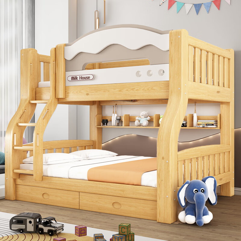 Solid wood double bed and bunk bed, two-story multi-functional bunk bed combination bed, high and low bed, bold and thickened children's bed, cabinet ladder, upper bed width 130 cm, lower bed width 150 cm (comes with bookshelf)