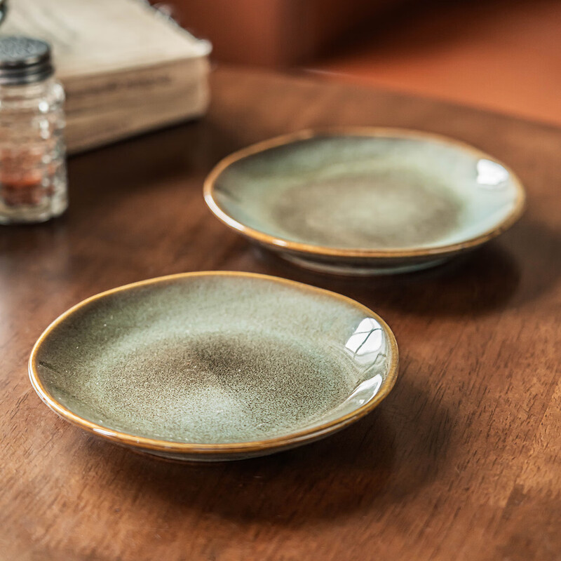 Bone plate household Japanese tableware retro style creative ceramic special restaurant personalized round plate dessert plate Qingxin-bone plate kiln turned green (slightly flawed) 1 piece 5.5 inches