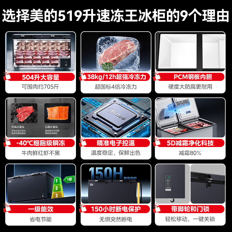 Midea (Midea) 500 liters or above freezer commercial large-capacity double-door horizontal freezer deep-freezing quick-freezer large seafood special cabinet frozen meat quick-freezing cabinet tea cabinet fruit refrigerator 519 liters newly upgraded frost reduction and odor-free -40 quick freezing