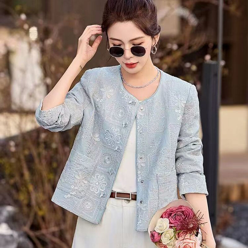 Luo Meng New Chinese Style National Style Short Jacket Women 2025 Spring New Style Small Fragrance Style Tang Suit Heavy Industry Embroidered Top Light Blue S Recommended 90-100 Jin