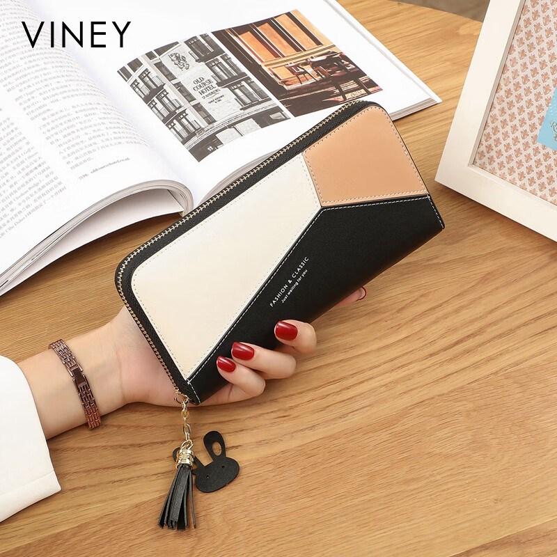 Viney women's leather wallet with multiple card slots, long zipper wallet, female mother's large capacity coin purse, multi-functional clutch bag, black, high-end and practical small bag