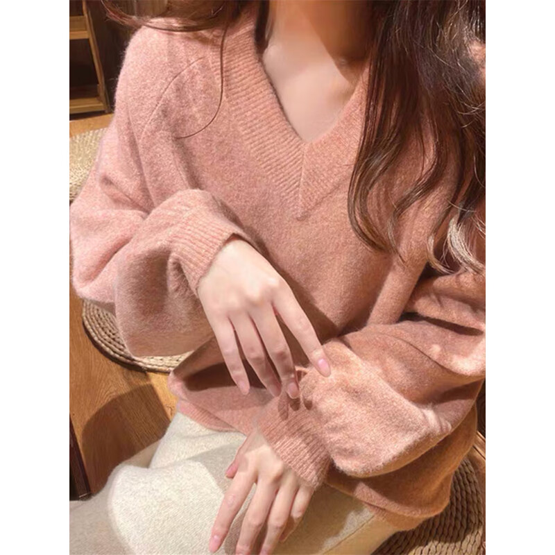 Lanzhi warm and soft waxy v-neck pullover sweater for women autumn and winter thickened loose lazy sweater NX877 floral pink one size