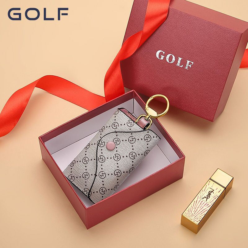 Ye Yu Golf GOLF key bag for women, fashion printed card bag, multi-functional anti-theft coin purse, key chain gift box, smoke pink with apricot color
