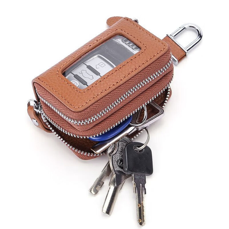 Ye Yu genuine leather double layer key bag women's universal home car key buckle protective cover pure leather portable transparent window remote control 9005 litchi brown