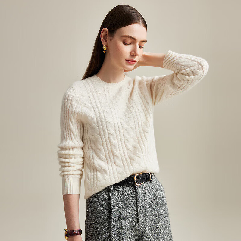 Zhaojun Autumn and Winter Red Solid Color Cable Cashmere Sweater Women's Round Neck Thick Knitted Sweater Cloud White M
