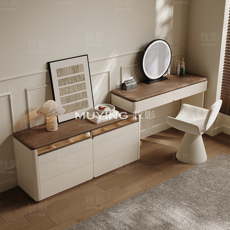Muying dressing table and cupboard integrated bedroom high-end modern simple bedside retractable storage cabinet master bedroom solid wood dressing table Muyan dressing table milk white 1.2 meters dressing table combination lock + solid wood multi-layer board