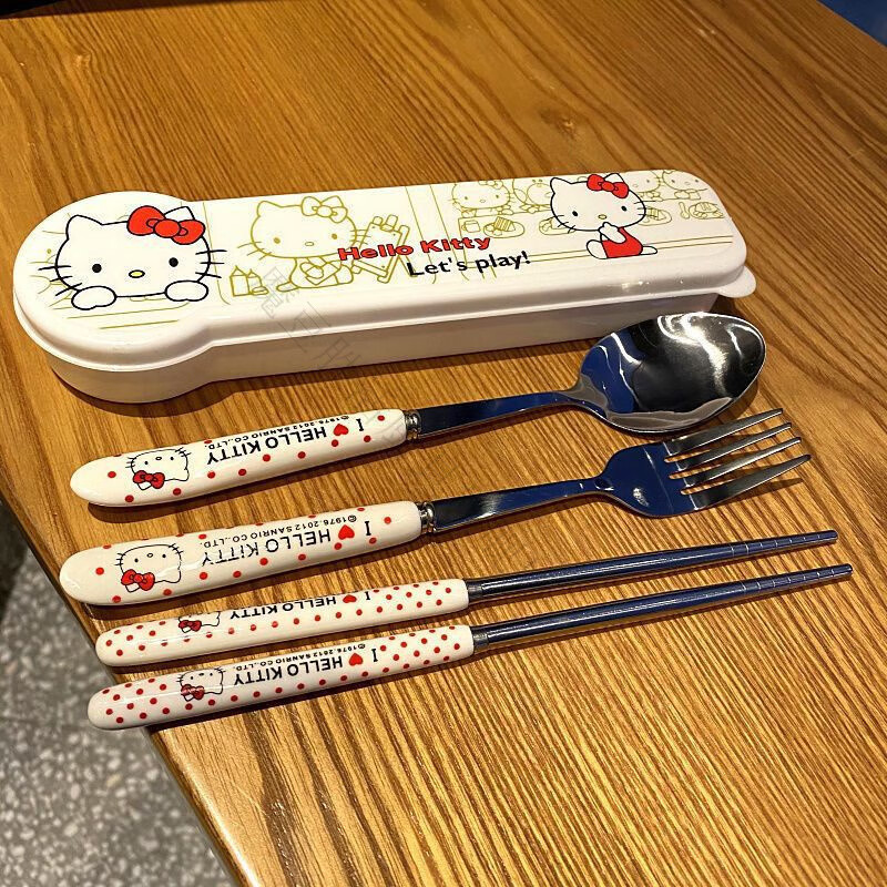 Magic Bean Shenghuo Cute Cartoon Hello Kitty Chopsticks and Spoon Three-piece Stainless Steel Set Portable Travel Tableware for Office Workers and Students Hello Kitty Spoon and Chopsticks Two-piece Set + Box
