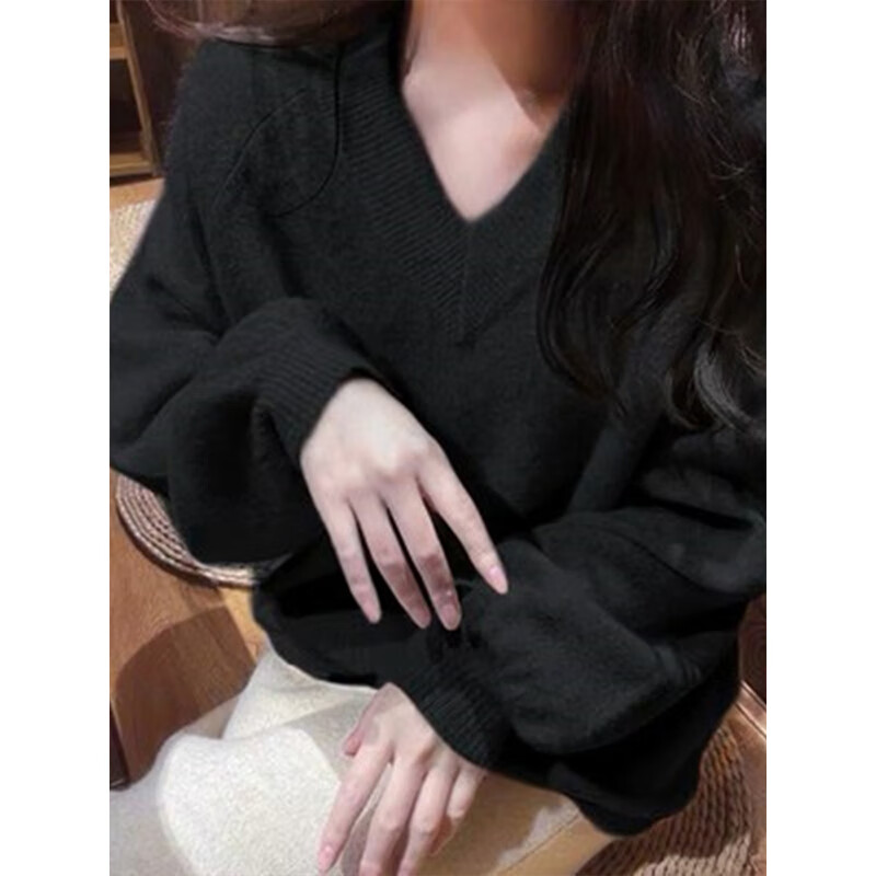 Lanzhi warm and soft waxy v-neck pullover sweater for women autumn and winter thickened loose lazy sweater NX877 floral pink one size