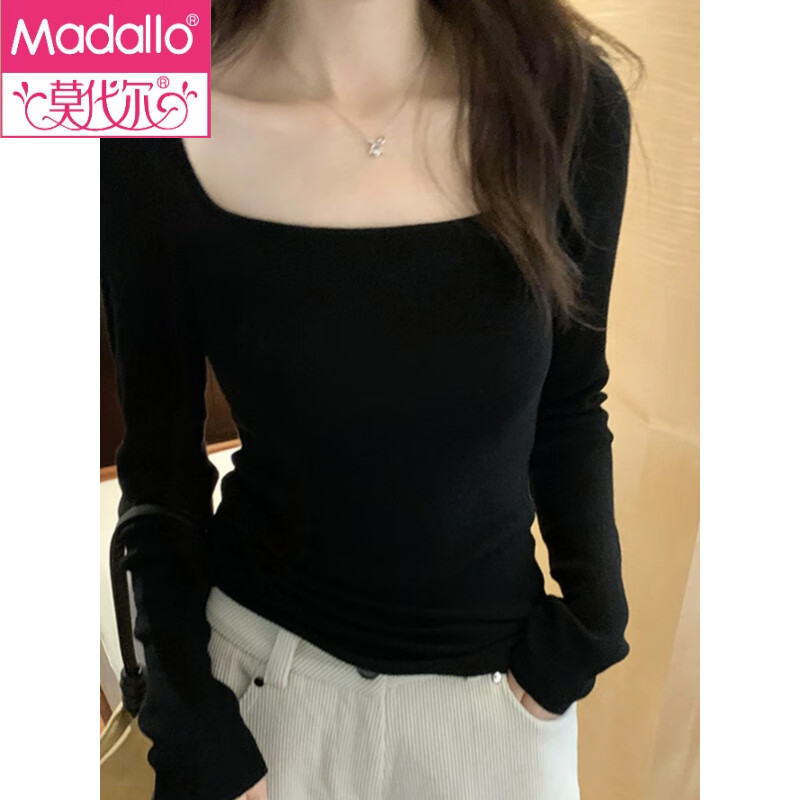 Modal pink square neck knitted bottoming shirt for women in autumn and winter 2024 new coat with slim and stylish low-neck long-sleeved top, black S