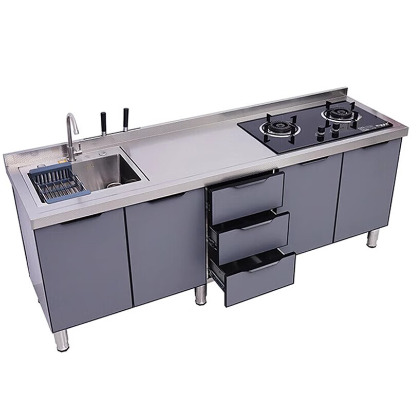 Stainless steel kitchen cabinets, sink, single and double sinks, wash basin, storage, operation, stove, integrated cabinet, 7-shaped (combination 6)